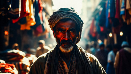 Obraz premium An elderly man in a turban stares intensely from a bustling marketplace. He wears traditional clothing, amidst colorful textiles.