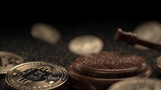 Close-up view of various cryptocurrency coins and tokens on a dark surface with a gavel