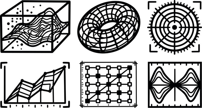 Line art technical icon set of surface plot torus mesh radar grid matrix chart and waveform visualization in black style