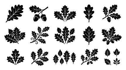 Oak Leaves and Acorns Black Silhouette Set