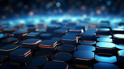Obraz premium A futuristic digital landscape with a grid of shiny metallic hexagons in shades of blue and black, illuminated by neon lights.