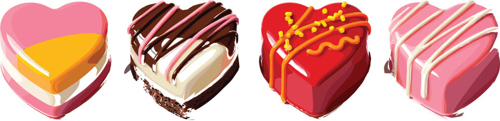 Heart-shaped desserts with colorful icing and chocolate decoration, romantic sweet treats for Valentine’s Day celebration, festive confectionery illustration showcasing love and creativity © MdNurul
