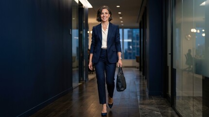 Confident Businesswoman Walking in Office Hallway.