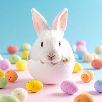 White bunny emerges from a cracked egg surrounded by pastel speckled eggs