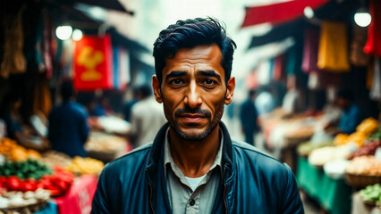 Fototapeta premium A man stares intently at the camera amidst a bustling market stall. He wears dark clothing and appears thoughtful.