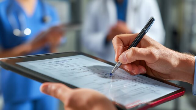 Digital consent form being signed on tablet in hospital