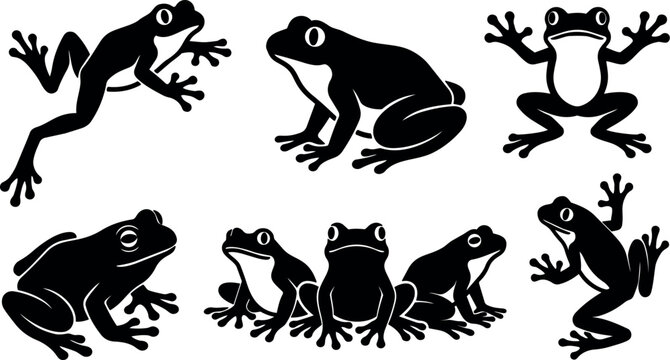 Flat design frog silhouettes set showing multiple poses close up side view front view sitting jumping climbing black vector icons