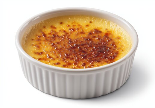 Cr&egrave;me brulee dessert served in a white ramekin dish