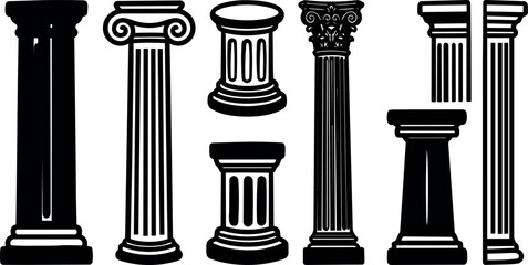 Naklejka premium Flat vector line art classical columns set showing doric ionic corinthian capitals close up black and white silhouette frontal variation