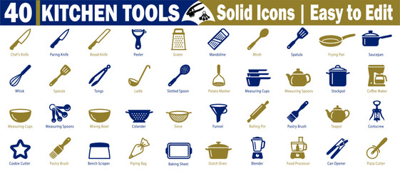 Fototapeta premium Kitchen tools icons. Featuring in blue and gold colors for cooking and baking, easy to edit and use for design projects, and vector illustration.