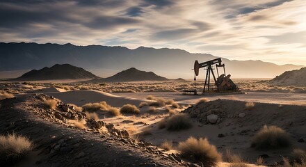 Oil pumpjack operating in arid desert landscape at dramatic sunrise with warm light and rugged mountains in the background, realistic, nostalgic, and serene atmosphere, fossil fuel extractio