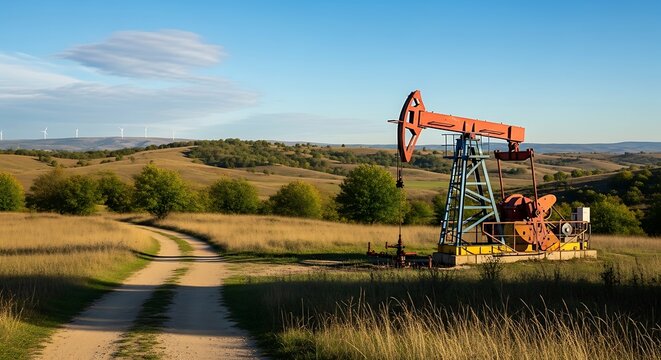 Orange and blue oil pumpjack operating in a vast, sunny rural landscape with a dirt road, green trees, and rolling hills under a clear blue sky, captured in a realistic, cinematic, and seren