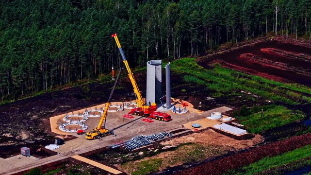 Wind farm construction site with a large mobile crane assembling a concrete tower on a circular foundation. Aerial drone perspective