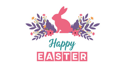 Easter greeting card with pink rabbit and floral decorations