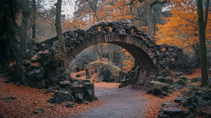 Devil's bridge over serene river surrounded by lush greenery in kromlau park, germany