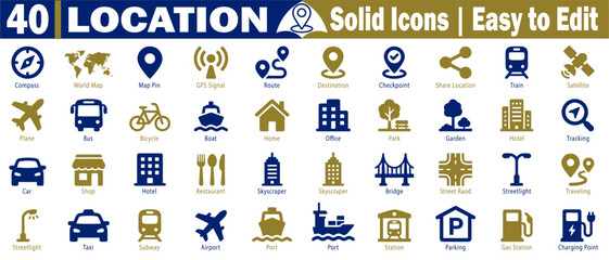 Location solid icons set. Including transport symbols, city buildings, public facilities, and infrastructure elements for urban mapping and navigation vector illustration. © Logo Solution