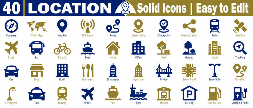 Location solid icons set. Including transport symbols, city buildings, public facilities, and infrastructure elements for urban mapping and navigation vector illustration.