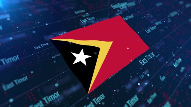 East Timor Flag Waving on Abstract Digital Background with Glowing Elements