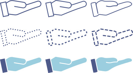 片手で支える手のひらが上向きのビジネス用の青いアイコンの素材セット