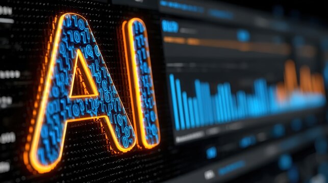 Glowing AI logo made of binary code, numbers and charts background symbolizing AI technology