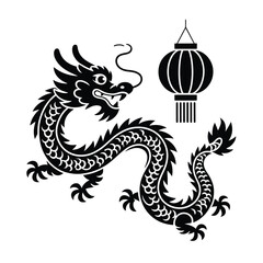 Obraz premium A stylized black dragon and traditional lantern illustration on white