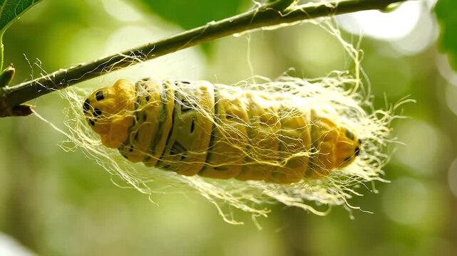 Closeup of a yellow caterpillar encased in a silken cocoon suspended from a tree branch amidst lush green foliage showcasing natures intricate transformation process.