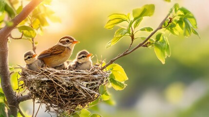 Fototapeta premium Baby birds in nest waiting for mother to feed, natural wildlife scene