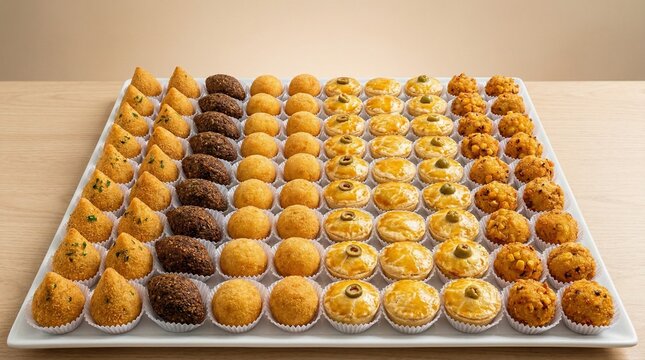 Assorted Brazilian party snacks (salgadinhos) in white paper cups, including coxinha and kibe