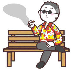 木のベンチに座って喫煙する派手なシャツの男性のイラスト
