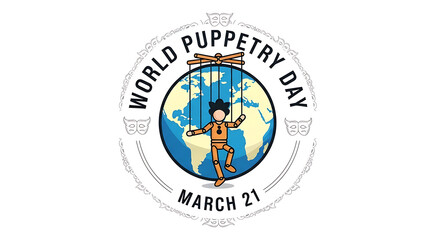 World puppetry day logo with globe and puppet