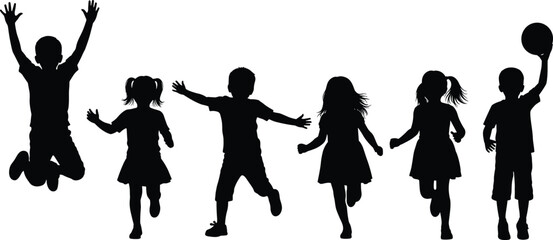 Large set of active children silhouettes featuring boys and girls jumping running playing with ball and celebrating isolated on white background for youth lifestyle design © Mukta's World