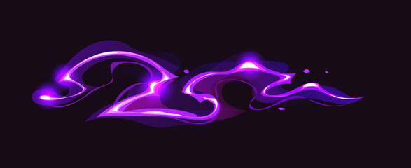 Cartoon purple game magic power wave, wizard glow vfx light effect. Vector glowing magic neon lightning and fantasy energy flow. Wizard spell with power stream, attack trail and wand sparkle trace © Vector Tradition