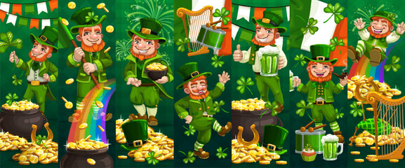 Naklejka premium Irish leprechaun characters collage, happy St Patrick's day holiday celebration. Irish folk holiday vector backdrop. Saint Patrick celebration collage with leprechaun character, pot of gold and flags