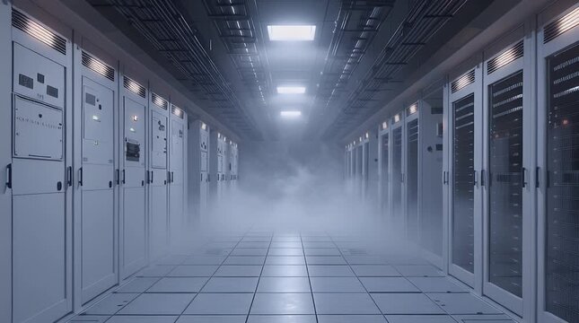 Mysterious Corridor with Fog in a High-Tech Data Center Environment