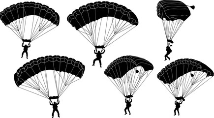 Parachuting skydiver silhouette set, extreme sport freefall and landing poses collection, adrenaline adventure black vector illustration isolated on white background © Goutom