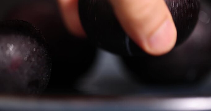 black fresh juicy plums on the kitchen table, several beautiful clean black plums on the table, the plums are covered with a lot of drops of water