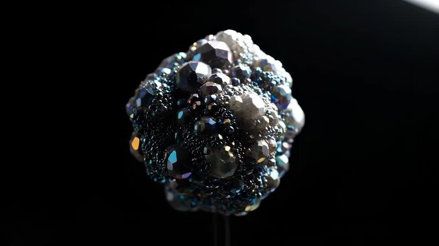 Sparkling Mineral Specimen: A close-up view of a unique, multi-faceted mineral formation with a dark, iridescent surface, glistening under soft light and hinting at hidden geological secrets.