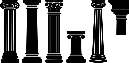Naklejka premium Flat design vector collection set of classical column silhouettes including doric ionic corinthian pedestals side view isolated on white background