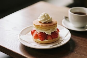 A stack of pancakes with strawberries and whipped cream served on a plate with a cup of coffee on a wooden table