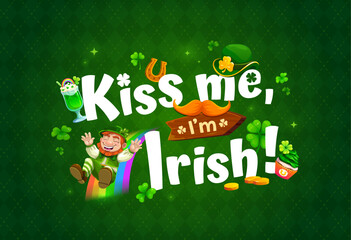 Fototapeta premium Kiss me I am Irish St Patrick day greeting quote. Vector festive celebration banner with joyful leprechaun, lucky symbols, shamrocks, gold coins, and horseshoe against a green background with sparks