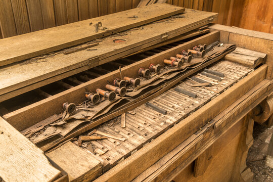 Canada, BC, Vernon.  Badly damaged old wooden organ inside abandoned church, St Teresa Catholic Church, near Six Mile Creek.