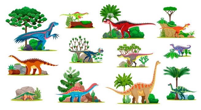 Cartoon prehistoric dinosaur animal characters, vector dinos set with nature landscape. Funny brachiosaurus, raptor, monolophosaurus and carnotaurus dinosaurs with forest trees and mountain rocks