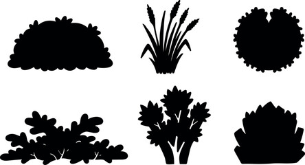 Naklejka premium Flat vector shrub silhouettes six variations close up ornamental bushes grass tuft round hedge landscape clipping shapes garden foliage icon