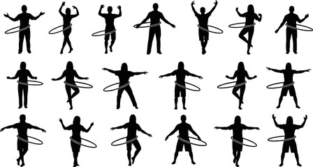 People hula hoop silhouettes vector set, fitness activity collection showing men and women exercising with hoop for sport, dance, and wellness design © Goutom