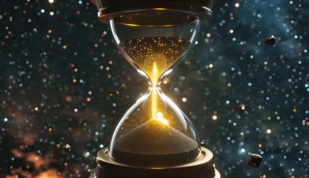 Close-up of a giant glass hourglass in space with golden sand falling against a background of colorful nebulae and galaxies.
