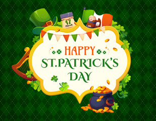 Fototapeta premium Happy St Patrick day greeting card. Cartoon vector holiday banner with leprechaun hat, calendar, gold coins, shamrocks, harp, beer mug, Irish flag, and festive garland on a green patterned background