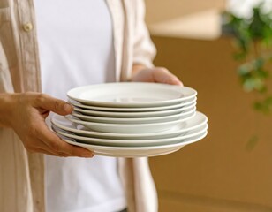 皿を重ねて持つ