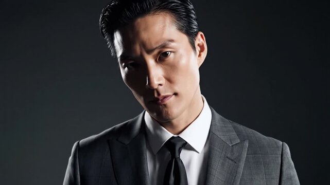 Confident Asian businessman in a grey suit and black tie looking directly at the camera in a studio