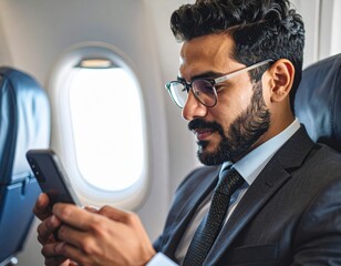 機内でスマホ操作の男性