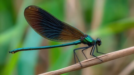 Delicate damselfly with cellophane-like wings rests on a thin branch amidst lush green foliage